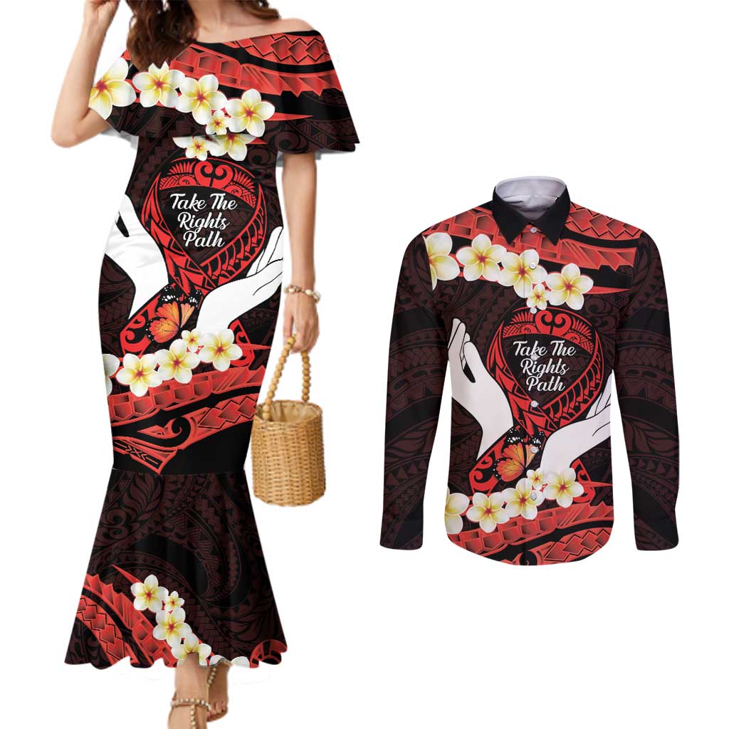 Polynesia AIDS Awareness Month Couples Matching Mermaid Dress and Long Sleeve Button Shirt Take The Rights Path Polynesian Pattern LT14 Red - Polynesian Pride