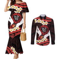 Polynesia AIDS Awareness Month Couples Matching Mermaid Dress and Long Sleeve Button Shirt Take The Rights Path Polynesian Pattern LT14 Red - Polynesian Pride