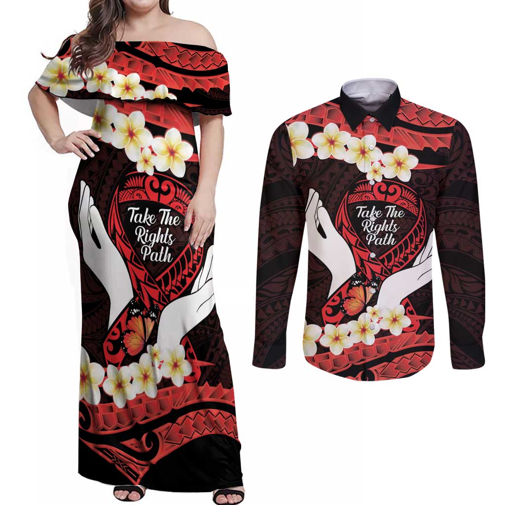 Polynesia AIDS Awareness Month Couples Matching Off Shoulder Maxi Dress and Long Sleeve Button Shirt Take The Rights Path Polynesian Pattern LT14 Red - Polynesian Pride
