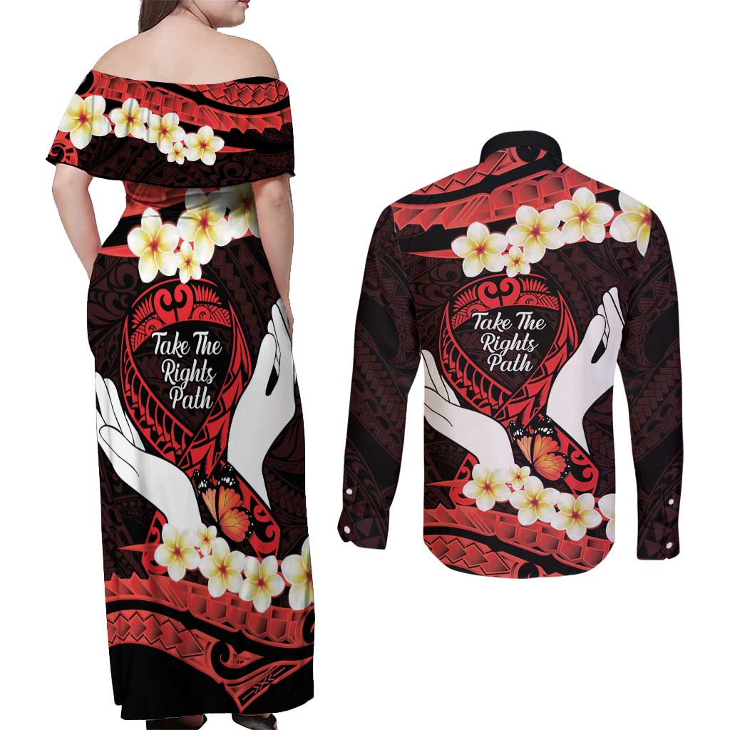 Polynesia AIDS Awareness Month Couples Matching Off Shoulder Maxi Dress and Long Sleeve Button Shirt Take The Rights Path Polynesian Pattern LT14 - Polynesian Pride