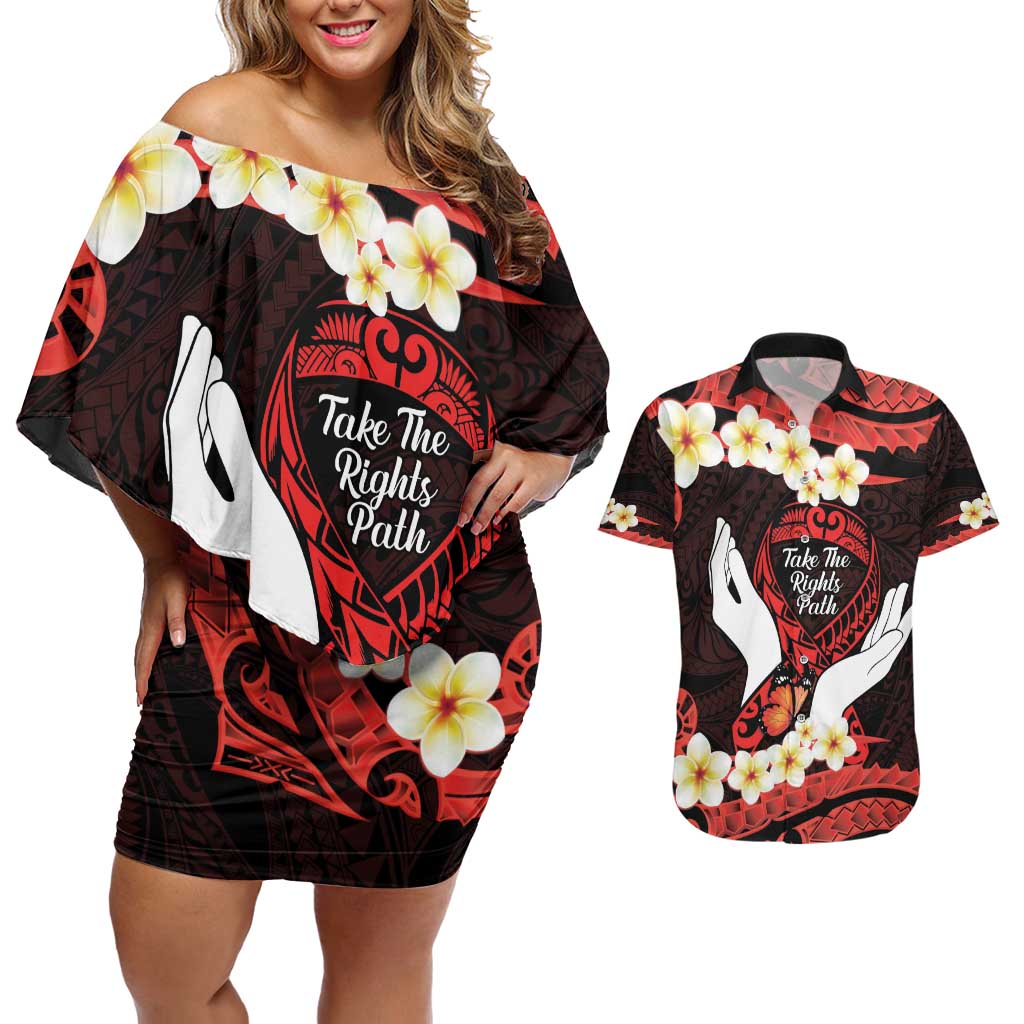 Polynesia AIDS Awareness Month Couples Matching Off Shoulder Short Dress and Hawaiian Shirt Take The Rights Path Polynesian Pattern LT14 Red - Polynesian Pride
