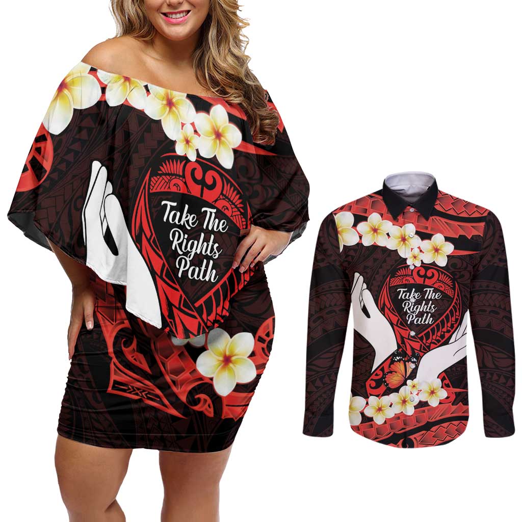 Polynesia AIDS Awareness Month Couples Matching Off Shoulder Short Dress and Long Sleeve Button Shirt Take The Rights Path Polynesian Pattern LT14 Red - Polynesian Pride