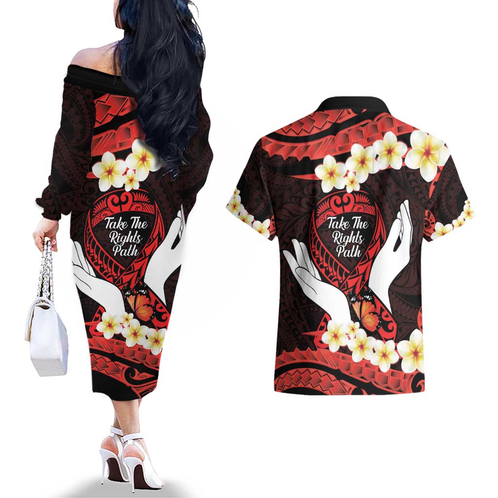 Polynesia AIDS Awareness Month Couples Matching Off The Shoulder Long Sleeve Dress and Hawaiian Shirt Take The Rights Path Polynesian Pattern LT14 - Polynesian Pride