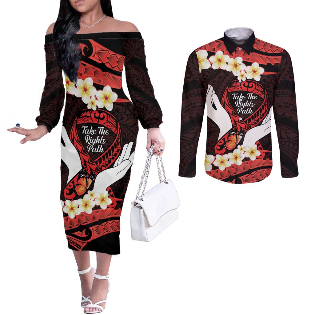 Polynesia AIDS Awareness Month Couples Matching Off The Shoulder Long Sleeve Dress and Long Sleeve Button Shirt Take The Rights Path Polynesian Pattern LT14 Red - Polynesian Pride