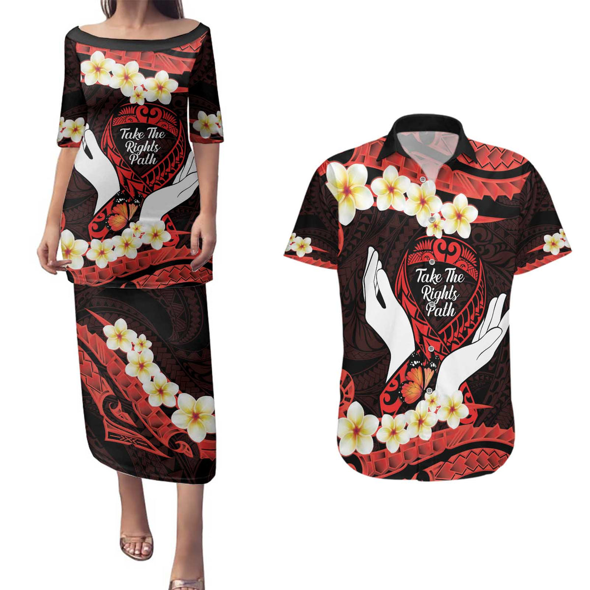 Polynesia AIDS Awareness Month Couples Matching Puletasi and Hawaiian Shirt Take The Rights Path Polynesian Pattern LT14 Red - Polynesian Pride