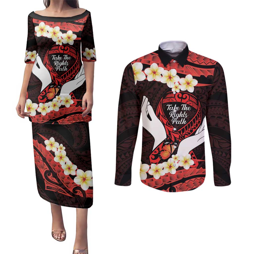 Polynesia AIDS Awareness Month Couples Matching Puletasi and Long Sleeve Button Shirt Take The Rights Path Polynesian Pattern LT14 Red - Polynesian Pride
