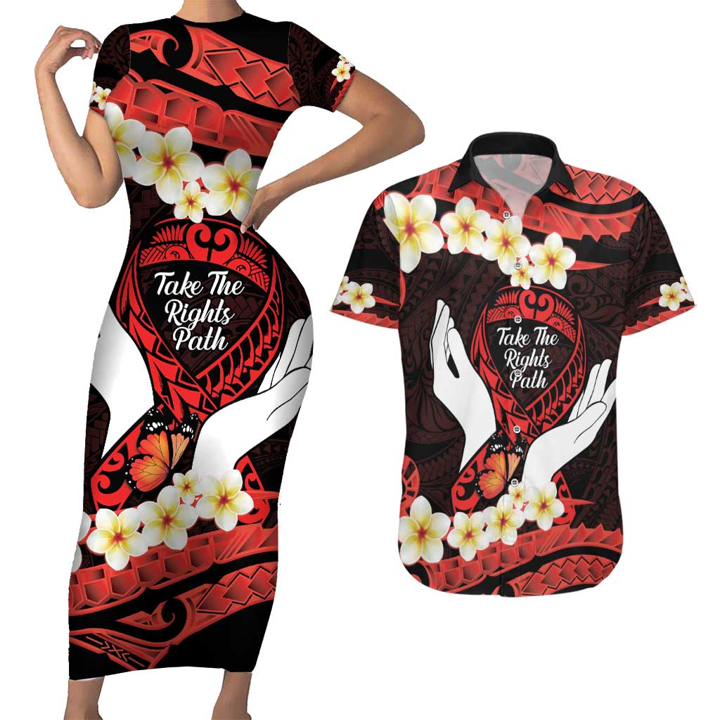 Polynesia AIDS Awareness Month Couples Matching Short Sleeve Bodycon Dress and Hawaiian Shirt Take The Rights Path Polynesian Pattern LT14 Red - Polynesian Pride