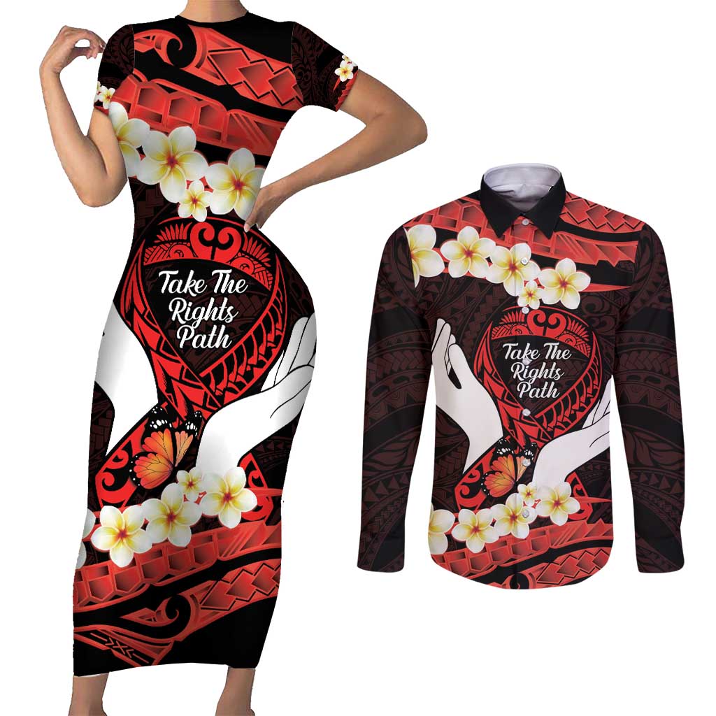 Polynesia AIDS Awareness Month Couples Matching Short Sleeve Bodycon Dress and Long Sleeve Button Shirt Take The Rights Path Polynesian Pattern LT14 Red - Polynesian Pride