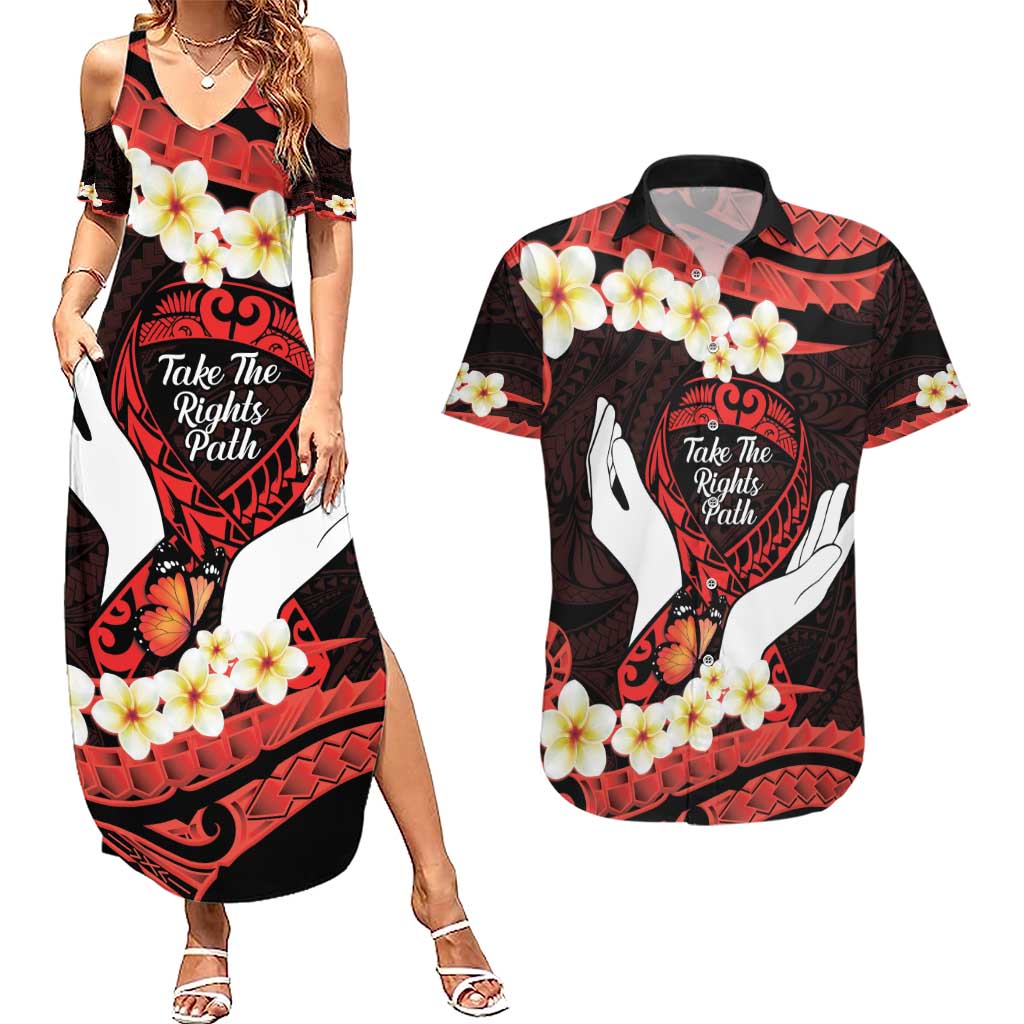 Polynesia AIDS Awareness Month Couples Matching Summer Maxi Dress and Hawaiian Shirt Take The Rights Path Polynesian Pattern LT14 Red - Polynesian Pride