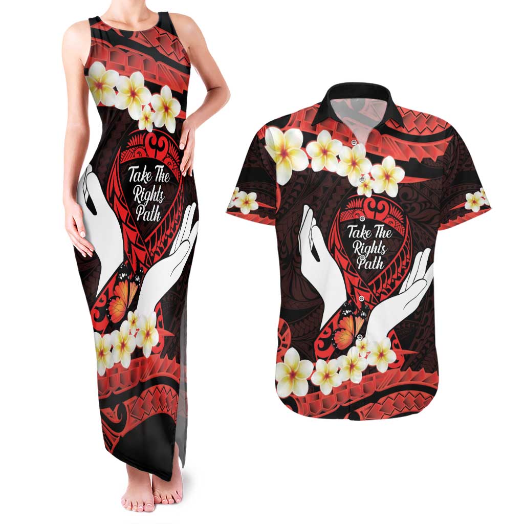 Polynesia AIDS Awareness Month Couples Matching Tank Maxi Dress and Hawaiian Shirt Take The Rights Path Polynesian Pattern LT14 Red - Polynesian Pride