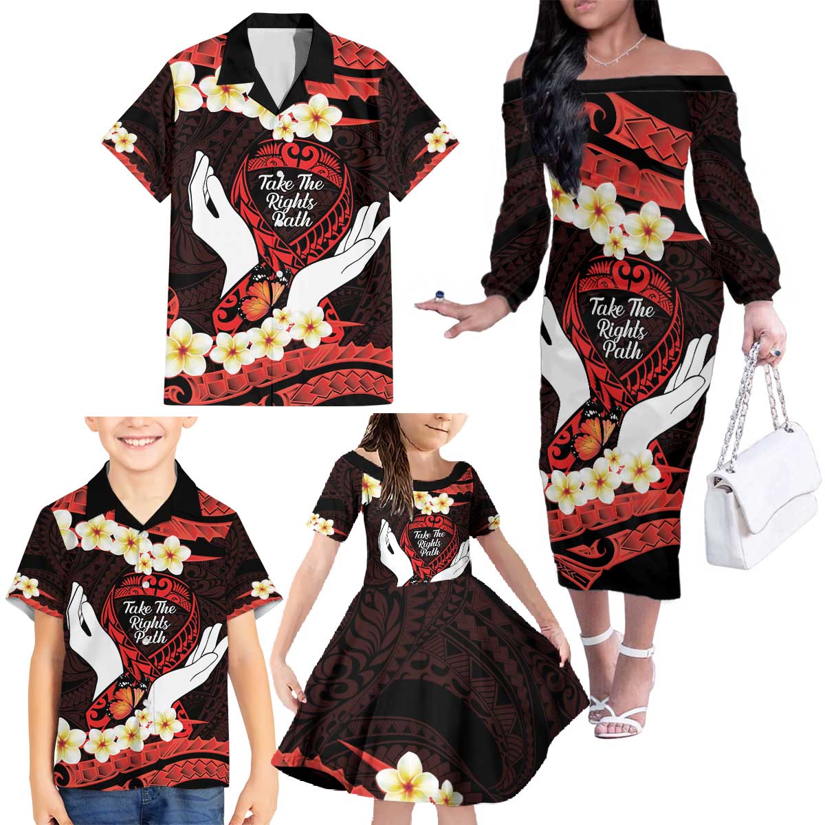 Polynesia AIDS Awareness Month Family Matching Off The Shoulder Long Sleeve Dress and Hawaiian Shirt Take The Rights Path Polynesian Pattern