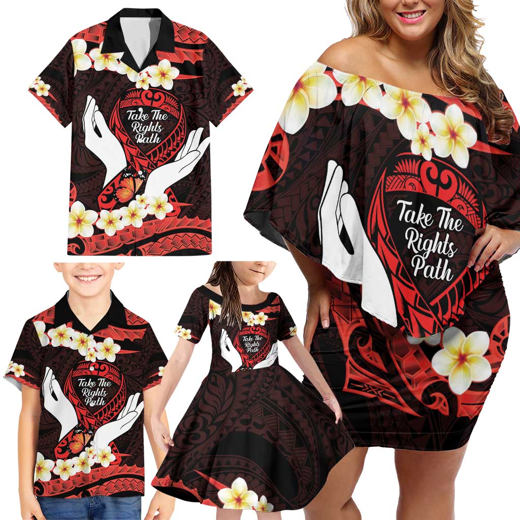 Polynesia AIDS Awareness Month Family Matching Off Shoulder Short Dress and Hawaiian Shirt Take The Rights Path Polynesian Pattern