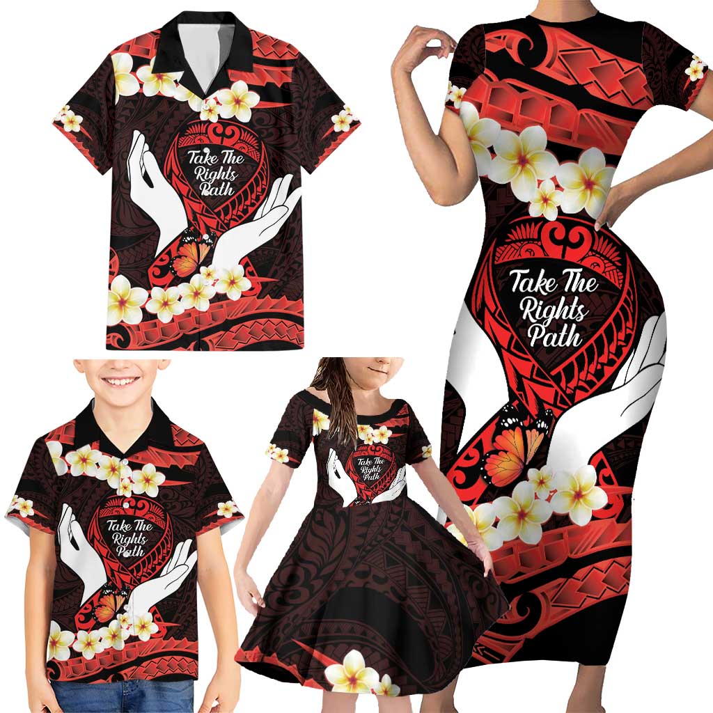 Polynesia AIDS Awareness Month Family Matching Short Sleeve Bodycon Dress and Hawaiian Shirt Take The Rights Path Polynesian Pattern