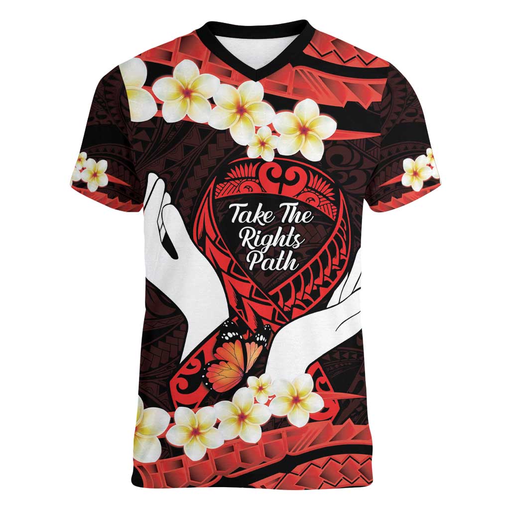 Polynesia AIDS Awareness Month Women V-Neck T-Shirt Take The Rights Path Polynesian Pattern LT14 Female Red - Polynesian Pride