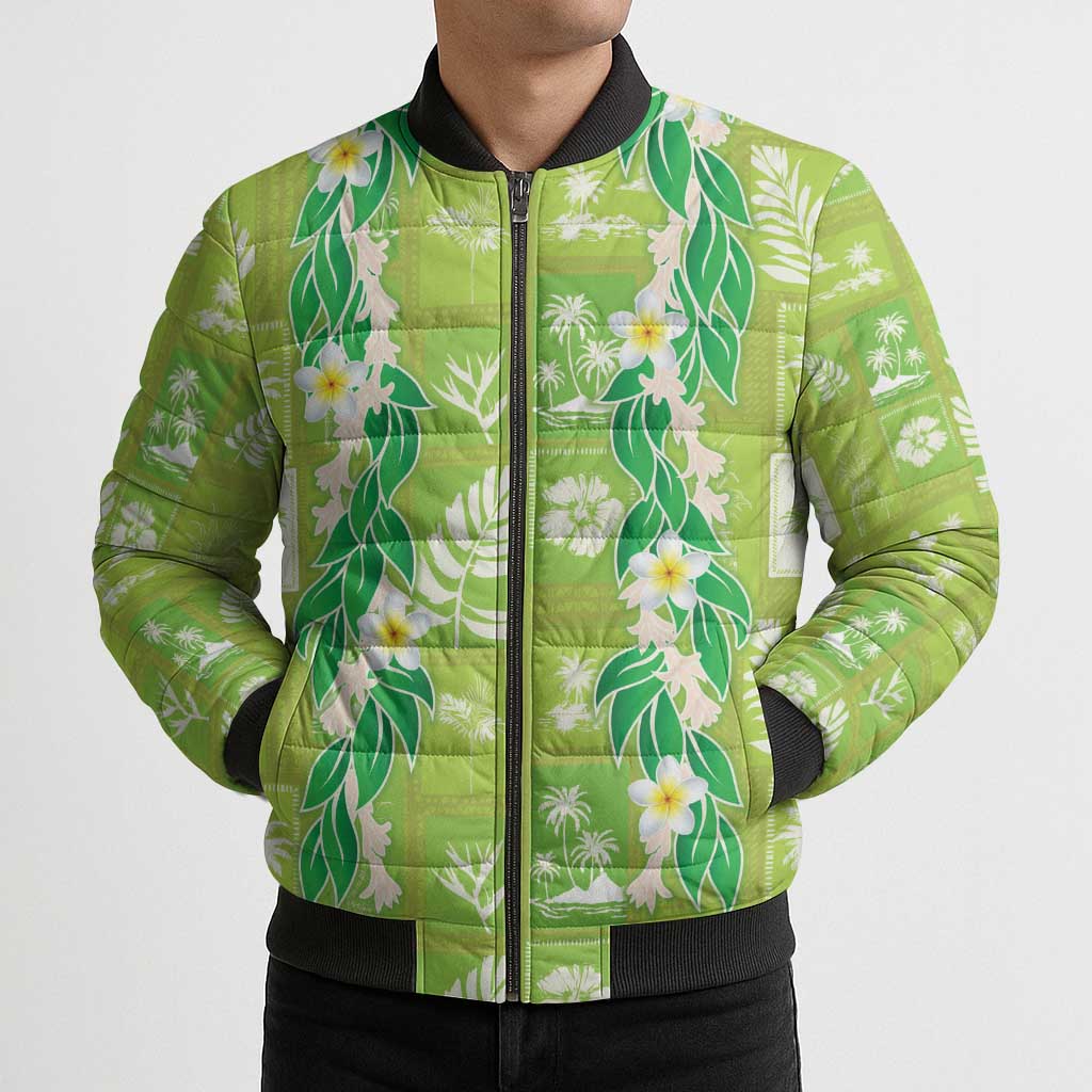 Aloha Hawaii Tuberose Lei Bomber Puffer Jacket Tropical Vibes Green Color - Polynesian Pride