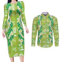 Aloha Hawaii Tuberose Lei Couples Matching Long Sleeve Bodycon Dress and Long Sleeve Button Shirt Tropical Vibes Green Color - Polynesian Pride