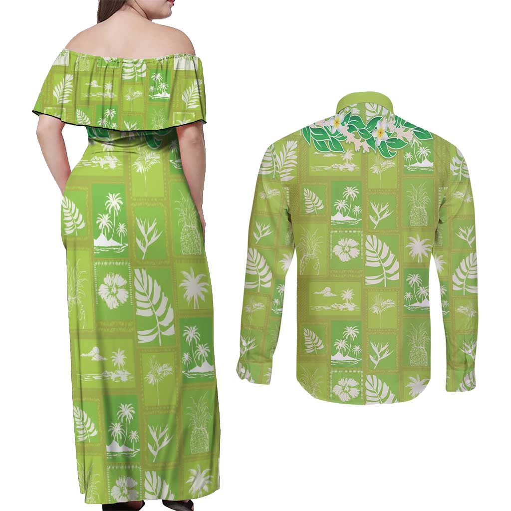 Aloha Hawaii Tuberose Lei Couples Matching Off Shoulder Maxi Dress and Long Sleeve Button Shirt Tropical Vibes Green Color - Polynesian Pride