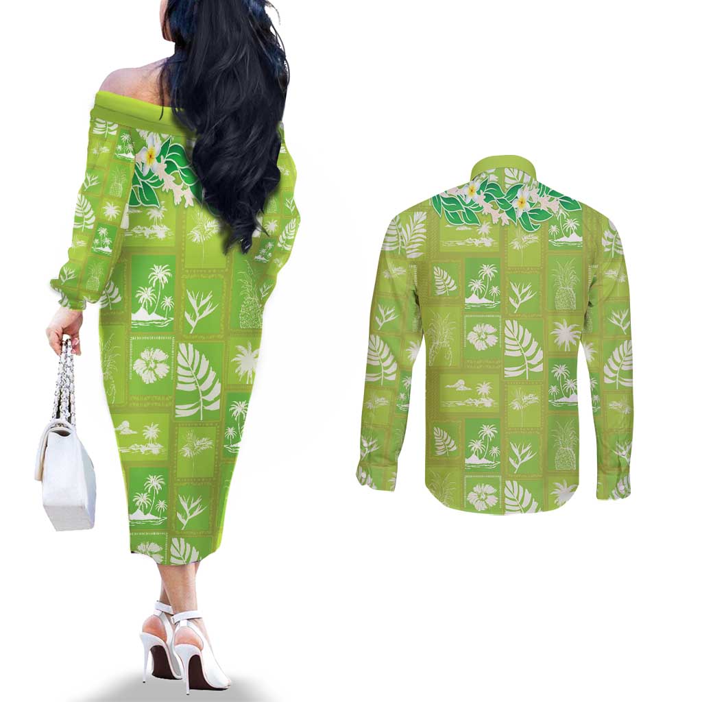 Aloha Hawaii Tuberose Lei Couples Matching Off The Shoulder Long Sleeve Dress and Long Sleeve Button Shirt Tropical Vibes Green Color - Polynesian Pride