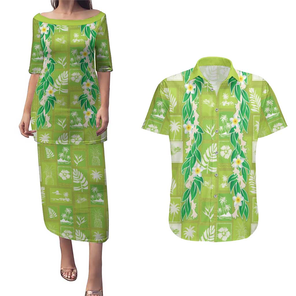 Aloha Hawaii Tuberose Lei Couples Matching Puletasi and Hawaiian Shirt Tropical Vibes Green Color LT14 Green - Polynesian Pride