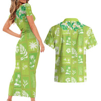Aloha Hawaii Tuberose Lei Couples Matching Short Sleeve Bodycon Dress and Hawaiian Shirt Tropical Vibes Green Color - Polynesian Pride