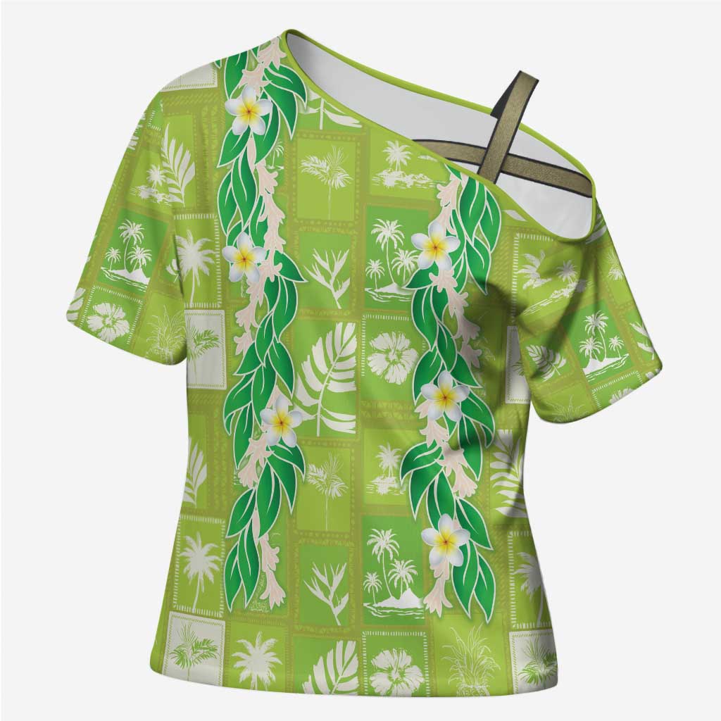 Aloha Hawaii Tuberose Lei Cross Shoulder Shirt Tropical Vibes Green Color - Polynesian Pride