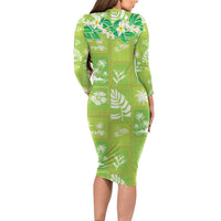 Aloha Hawaii Tuberose Lei Family Matching Long Sleeve Bodycon Dress and Hawaiian Shirt Tropical Vibes Green Color - Polynesian Pride