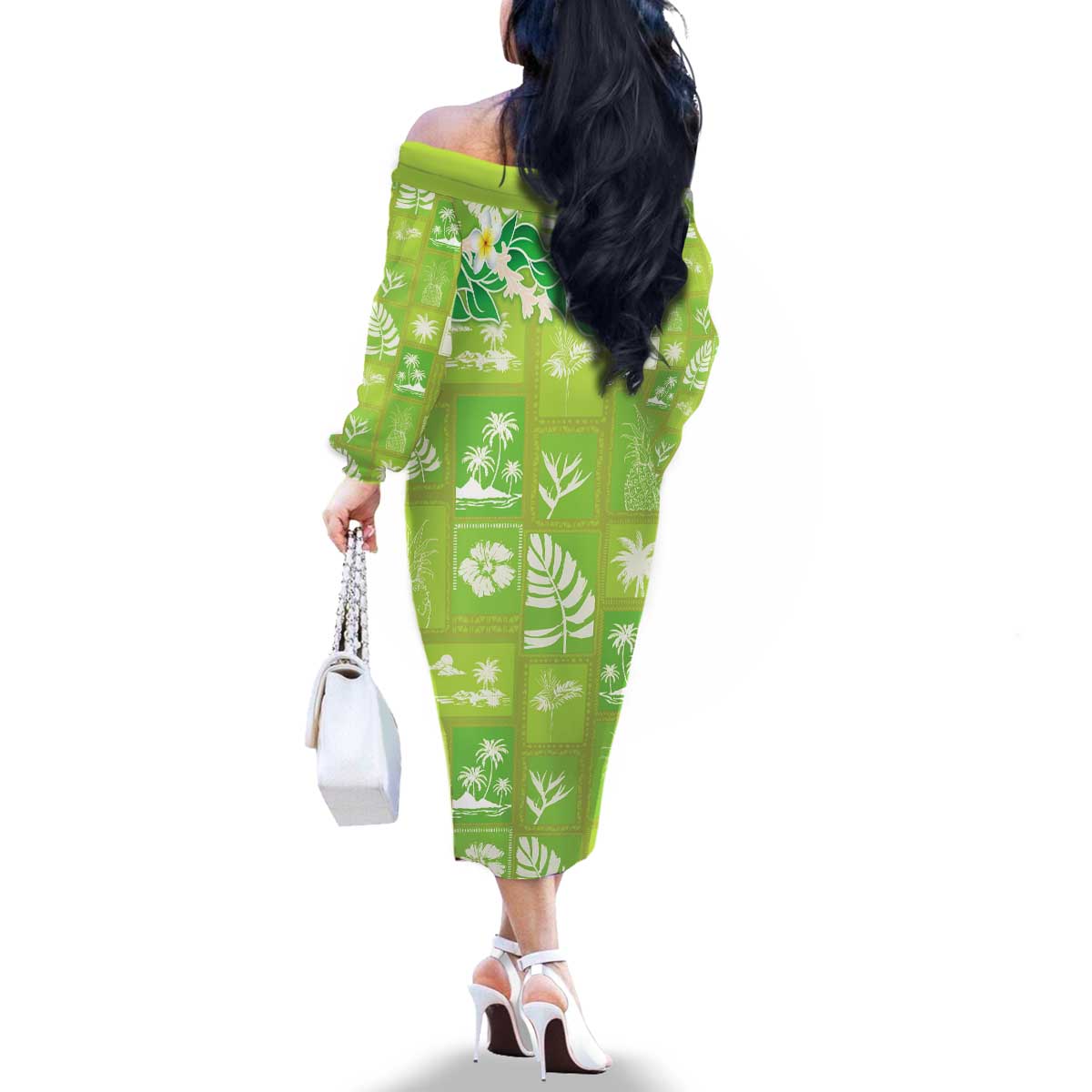 Aloha Hawaii Tuberose Lei Family Matching Off The Shoulder Long Sleeve Dress and Hawaiian Shirt Tropical Vibes Green Color - Polynesian Pride