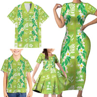 Aloha Hawaii Tuberose Lei Family Matching Short Sleeve Bodycon Dress and Hawaiian Shirt Tropical Vibes Green Color - Polynesian Pride