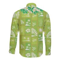 Aloha Hawaii Tuberose Lei Long Sleeve Button Shirt Tropical Vibes Green Color - Polynesian Pride