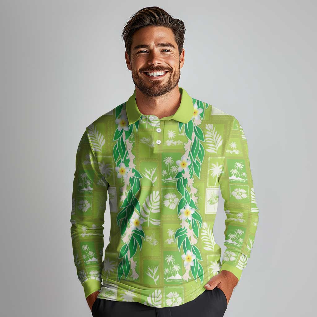 Aloha Hawaii Tuberose Lei Long Sleeve Polo Shirt Tropical Vibes Green Color - Polynesian Pride