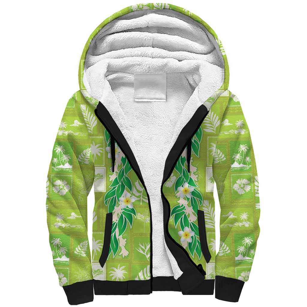 Aloha Hawaii Tuberose Lei Sherpa Hoodie Tropical Vibes Green Color - Polynesian Pride