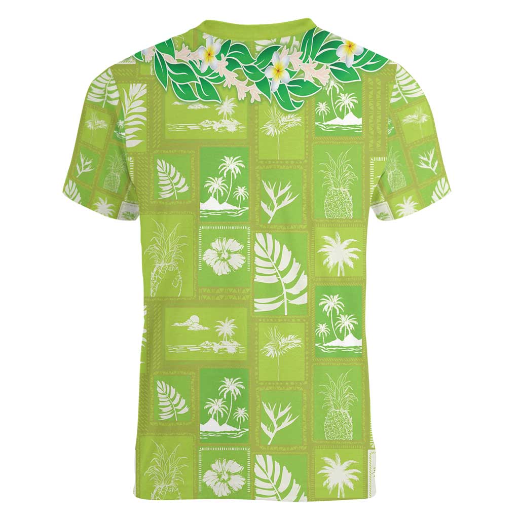 Aloha Hawaii Tuberose Lei Women V-Neck T-Shirt Tropical Vibes Green Color - Polynesian Pride