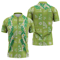 Aloha Hawaii Tuberose Lei Zipper Polo Shirt Tropical Vibes Green Color - Polynesian Pride