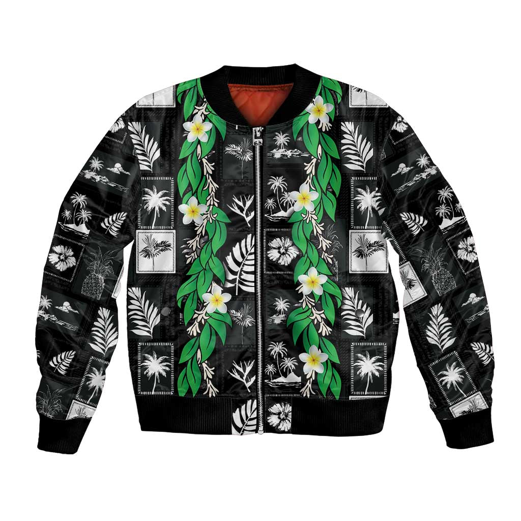 Aloha Hawaii Tuberose Lei Bomber Jacket Tropical Vibes Black Color LT14 Unisex Black - Polynesian Pride