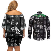 Aloha Hawaii Tuberose Lei Couples Matching Off Shoulder Short Dress and Long Sleeve Button Shirt Tropical Vibes Black Color - Polynesian Pride