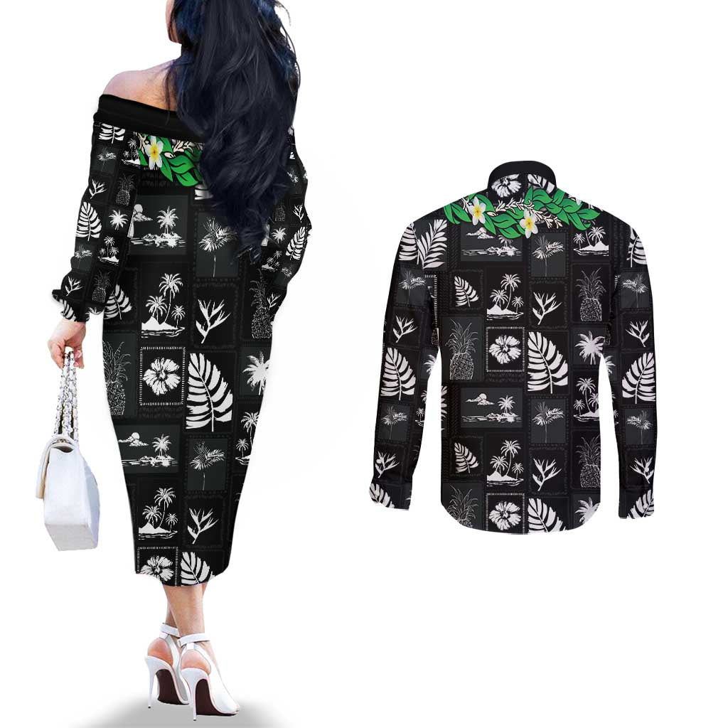 Aloha Hawaii Tuberose Lei Couples Matching Off The Shoulder Long Sleeve Dress and Long Sleeve Button Shirt Tropical Vibes Black Color - Polynesian Pride