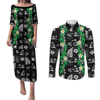 Aloha Hawaii Tuberose Lei Couples Matching Puletasi and Long Sleeve Button Shirt Tropical Vibes Black Color LT14 Black - Polynesian Pride
