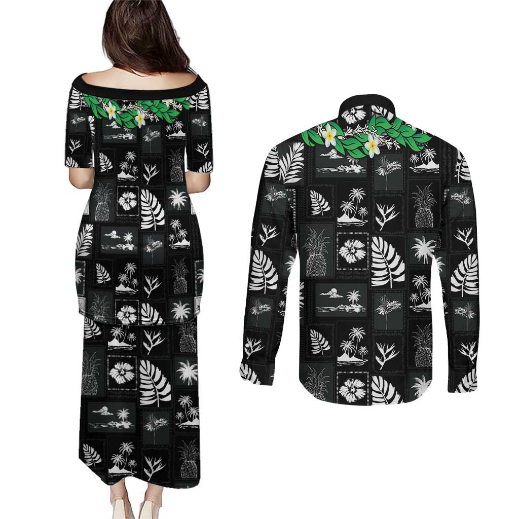 Aloha Hawaii Tuberose Lei Couples Matching Puletasi and Long Sleeve Button Shirt Tropical Vibes Black Color LT14 - Polynesian Pride