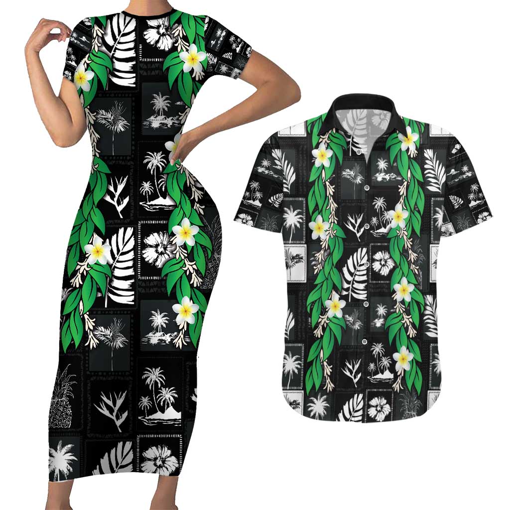 Aloha Hawaii Tuberose Lei Couples Matching Short Sleeve Bodycon Dress and Hawaiian Shirt Tropical Vibes Black Color - Polynesian Pride