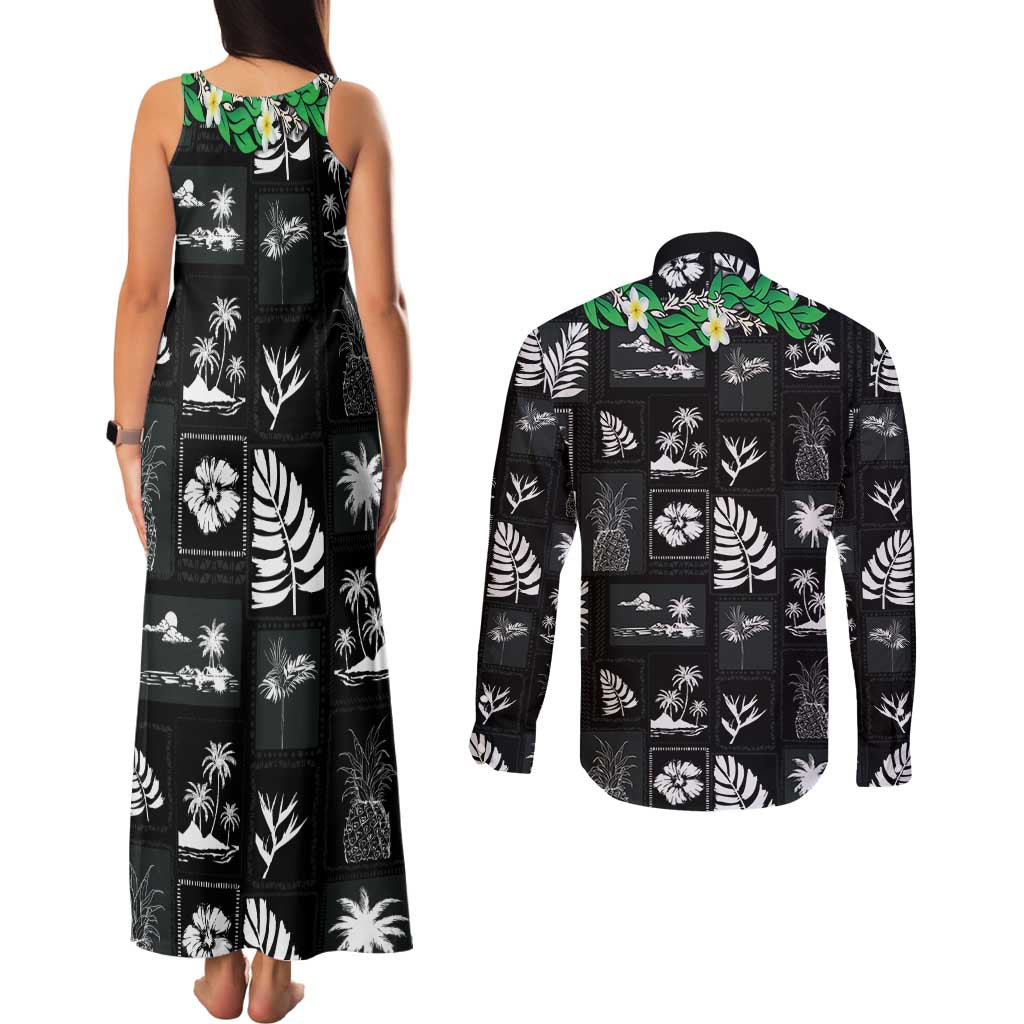 Aloha Hawaii Tuberose Lei Couples Matching Tank Maxi Dress and Long Sleeve Button Shirt Tropical Vibes Black Color - Polynesian Pride