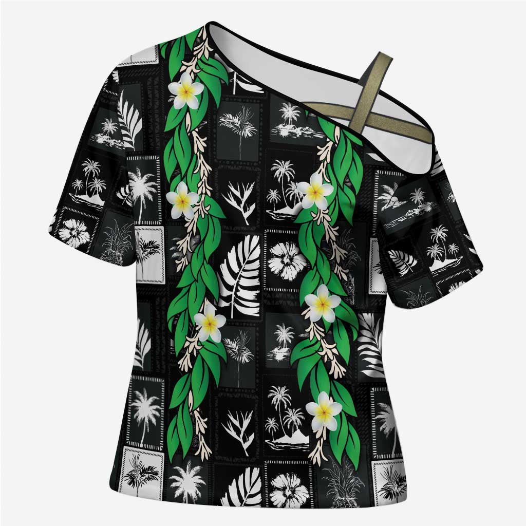 Aloha Hawaii Tuberose Lei Cross Shoulder Shirt Tropical Vibes Black Color - Polynesian Pride