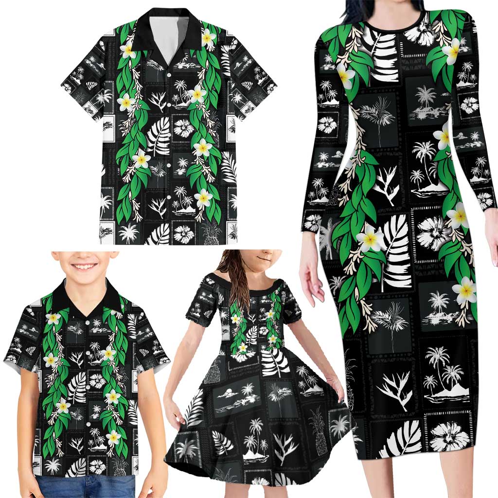 Aloha Hawaii Tuberose Lei Family Matching Long Sleeve Bodycon Dress and Hawaiian Shirt Tropical Vibes Black Color - Polynesian Pride