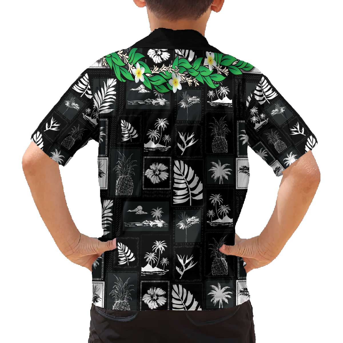 Aloha Hawaii Tuberose Lei Family Matching Off The Shoulder Long Sleeve Dress and Hawaiian Shirt Tropical Vibes Black Color - Polynesian Pride