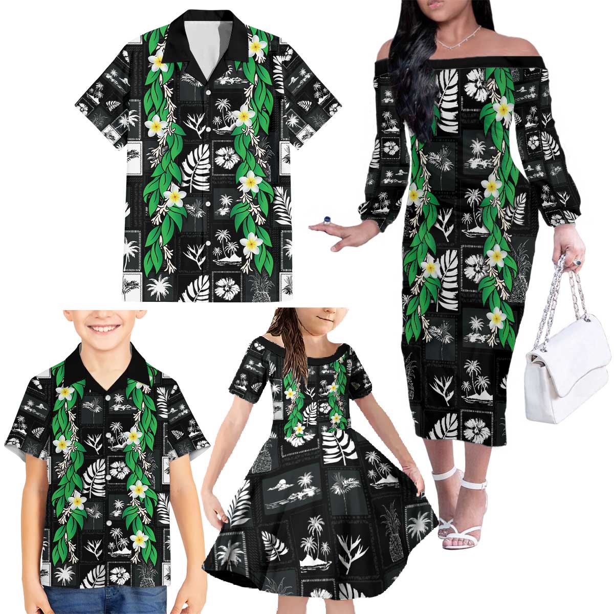 Aloha Hawaii Tuberose Lei Family Matching Off The Shoulder Long Sleeve Dress and Hawaiian Shirt Tropical Vibes Black Color - Polynesian Pride