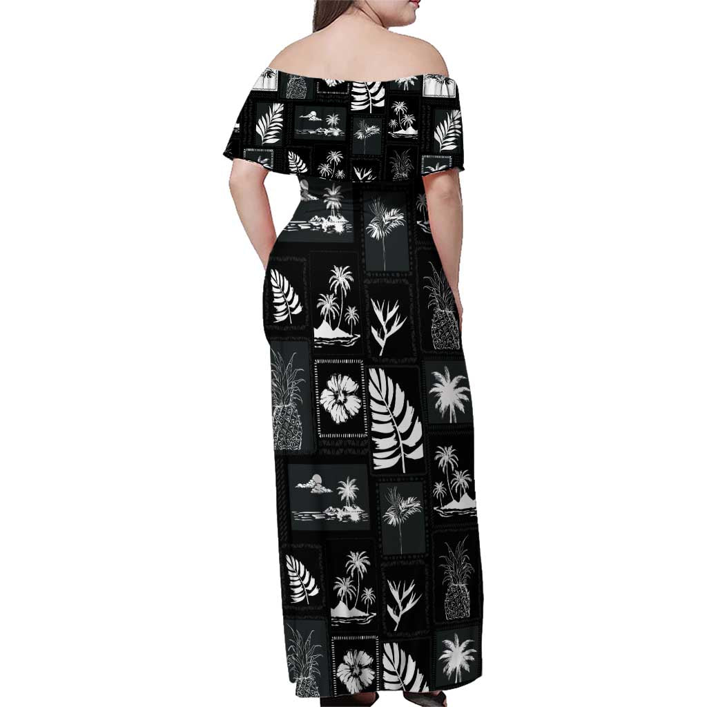 Aloha Hawaii Tuberose Lei Family Matching Off Shoulder Maxi Dress and Hawaiian Shirt Tropical Vibes Black Color - Polynesian Pride