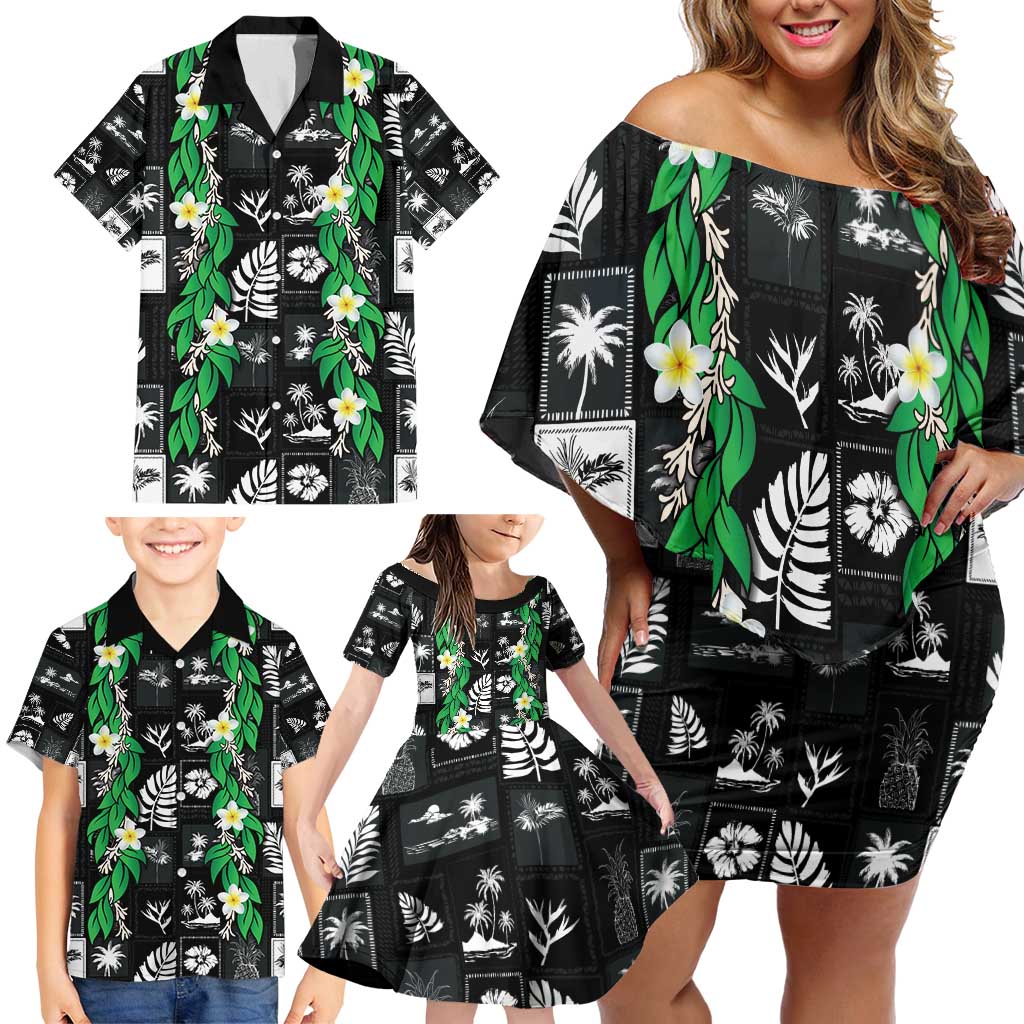 Aloha Hawaii Tuberose Lei Family Matching Off Shoulder Short Dress and Hawaiian Shirt Tropical Vibes Black Color - Polynesian Pride