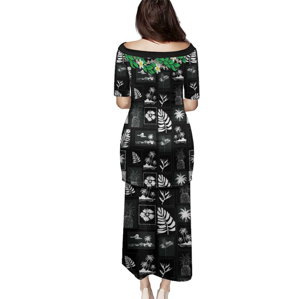 Aloha Hawaii Tuberose Lei Family Matching Puletasi and Hawaiian Shirt Tropical Vibes Black Color - Polynesian Pride