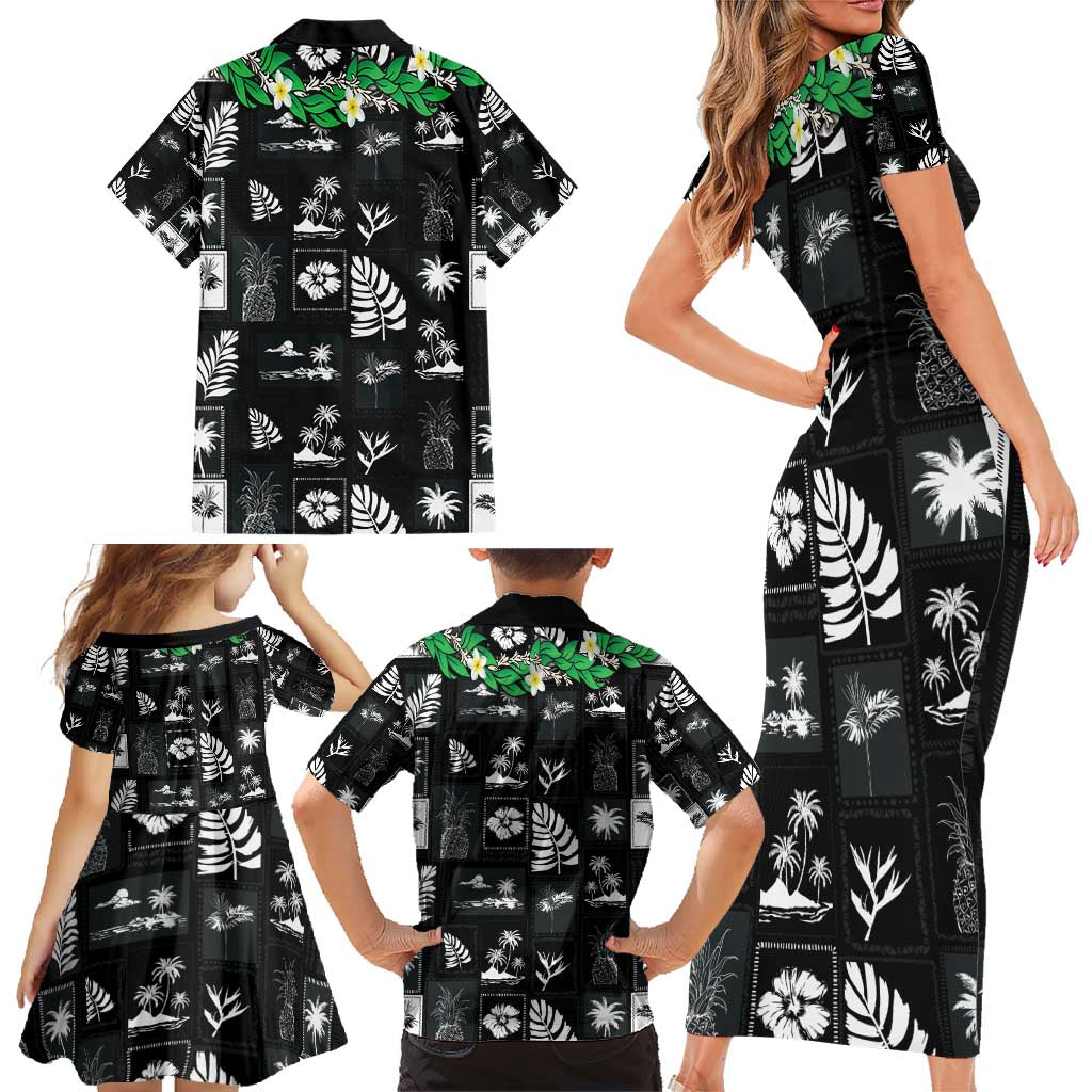 Aloha Hawaii Tuberose Lei Family Matching Short Sleeve Bodycon Dress and Hawaiian Shirt Tropical Vibes Black Color - Polynesian Pride