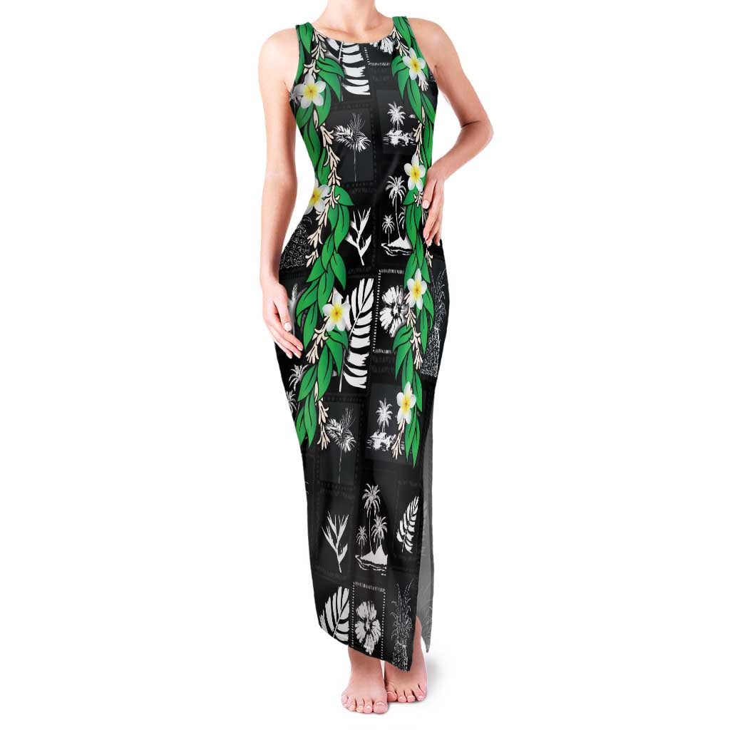 Aloha Hawaii Tuberose Lei Family Matching Tank Maxi Dress and Hawaiian Shirt Tropical Vibes Black Color - Polynesian Pride