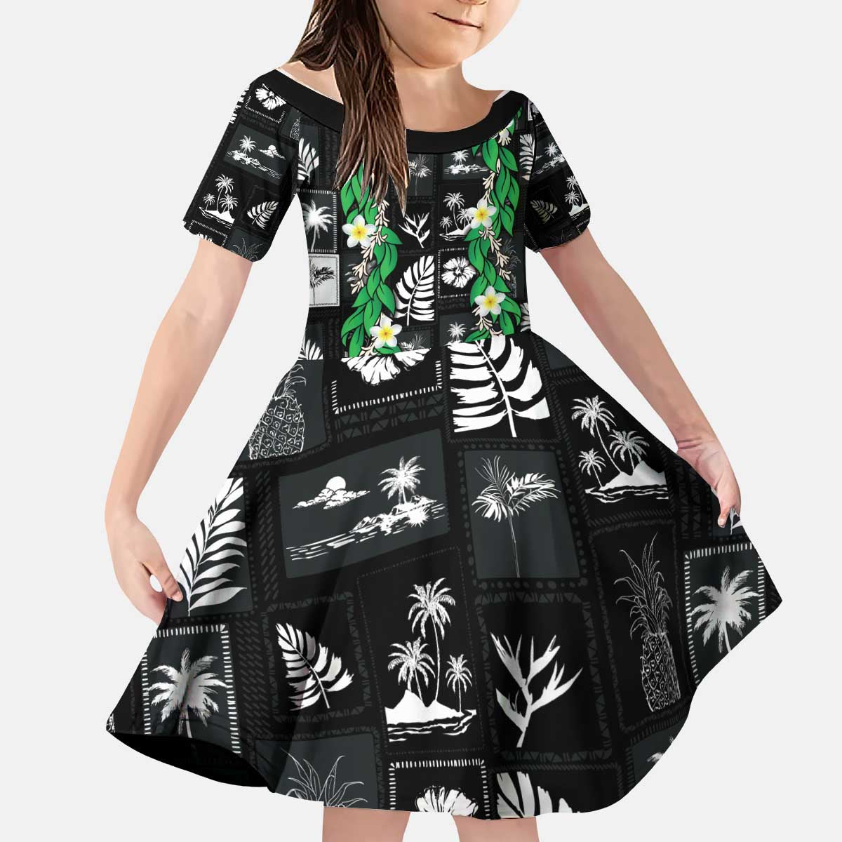 Aloha Hawaii Tuberose Lei Kid Short Sleeve Dress Tropical Vibes Black Color - Polynesian Pride